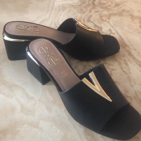 EXÉ CARMEN BLACK MULE • GOLD ACCENTS • 2” BLOCK HEEL • Sz 38 • NWT - Picture 4 of 15
